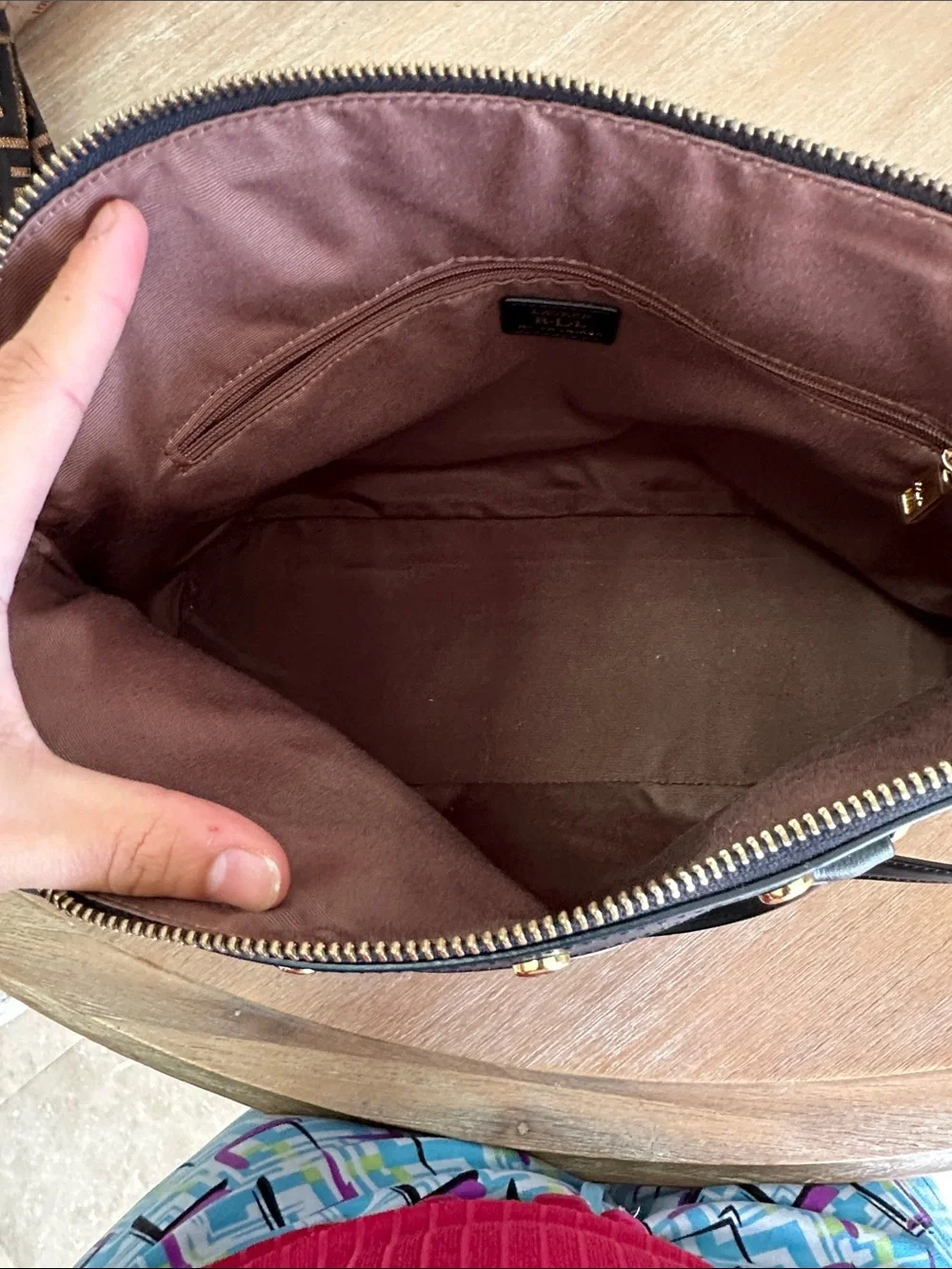 Ralph Lauren Beige and Black Leather Satchel with Gold Hardware